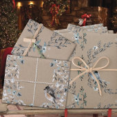 Rustic Kraft Dusty Blue Winter Florals & Birds Inpakpapier Vel