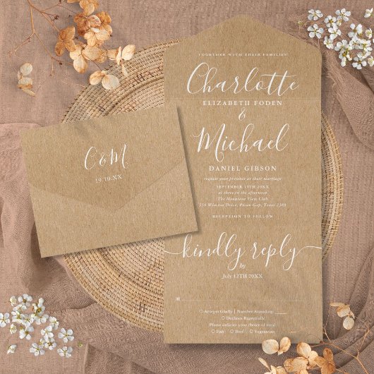 Rustic Kraft Elegant Script Minimalist Wedding All In One Uitnodiging