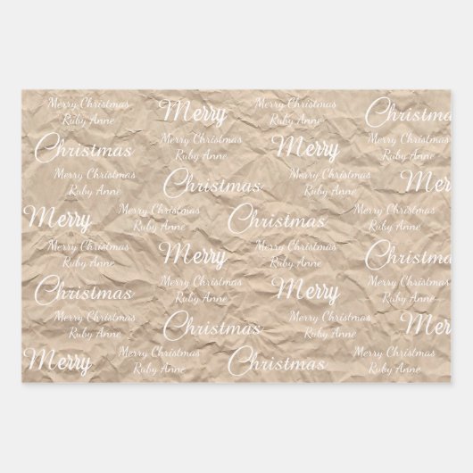 Rustic Kraft Elegant White Script Merry Kerstmis Inpakpapier Vel (Voorkant 3)