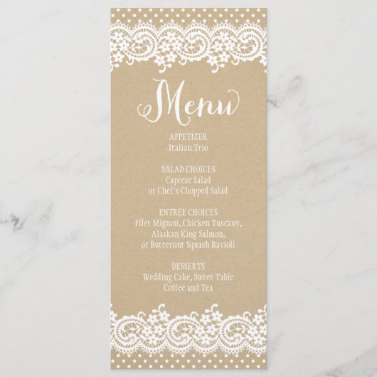 Rustic Kraft en Lace Wedding Dinner Menu (Voorkant)