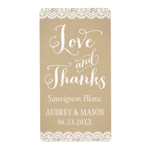 Rustic Kraft en Lace Wedding Wine Favor Etiket (Voorkant)