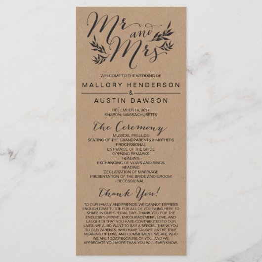 Rustic Kraft Floral Mariage programme de cérémonie (Devant)