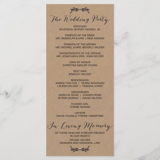 Rustic Kraft Floral Wedding Ceremony Programma (Achterkant)