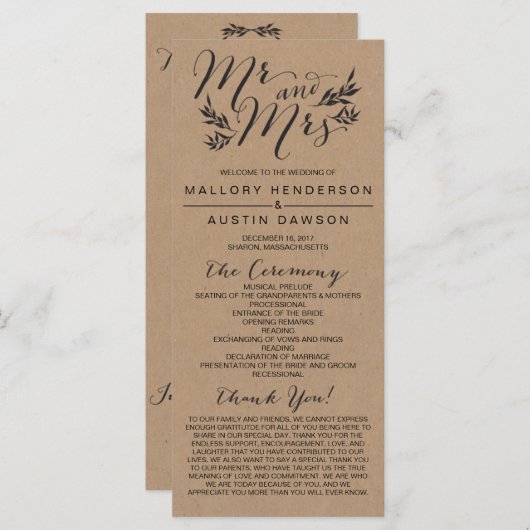 Rustic Kraft Floral Wedding Ceremony Programma (Voorkant / Achterkant)