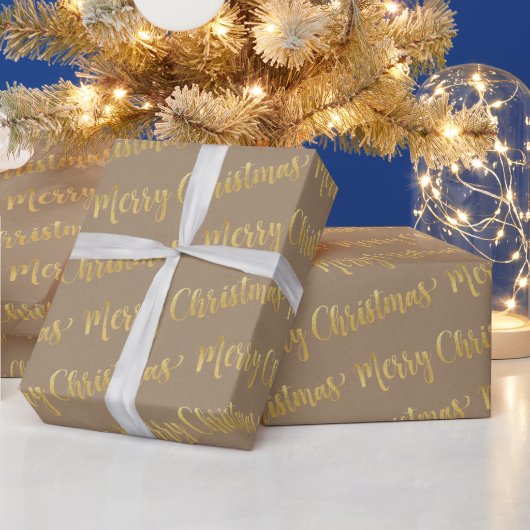 Rustic Kraft Gold Calligraphy Merry 2 Cadeaupapier (Feestdagen)