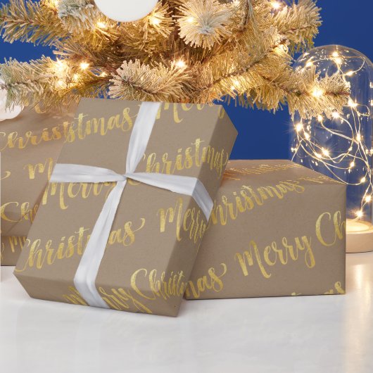 Rustic Kraft Gold Calligraphy Merry kerst Cadeaupapier (Feestdagen)