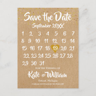 Rustic Kraft Gold Heart Calendar Save the Date Aankondigingskaart