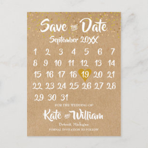 Rustic Kraft Gold Heart Calendar Save the Date Aankondigingskaart