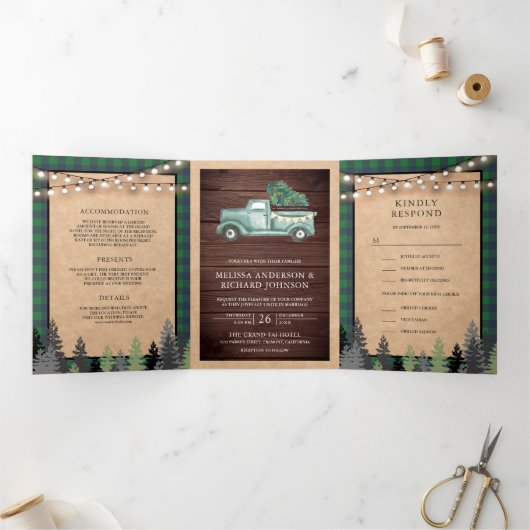Rustic Kraft  Green Kerstfeest bruiloft Drieluik Uitnodiging (Binnen)