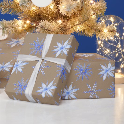Rustic Kraft Hand Drawn Periwinkle Blue Snowflakes Cadeaupapier (Feestdagen)