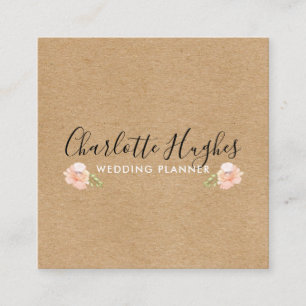 Rustic Kraft Handtekening met Roos Motif Square Vierkante Visitekaartje