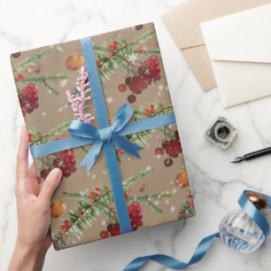 Rustic Kraft Holiday Highbush Cranberries & Spruce Cadeaupapier