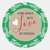 Rustic Kraft Home Baked With Love Green And White Ronde Sticker (Voorkant)