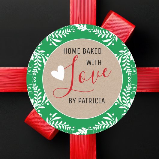 Rustic Kraft Home Baked With Love Green And White Ronde Sticker