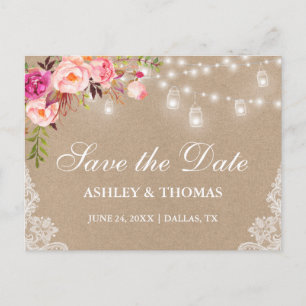 Rustic Kraft Jar Licht roze Floral Save the Date Aankondigingskaart