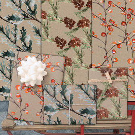 Rustic Kraft Juniper Pine Cones & Ilex Berries Inpakpapier Vel