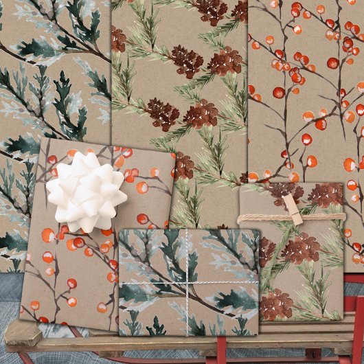 Rustic Kraft Juniper Pine Cones & Ilex Berries Inpakpapier Vel