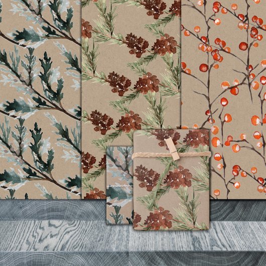 Rustic Kraft Juniper Pine Cones & Ilex Berries Inpakpapier Vel