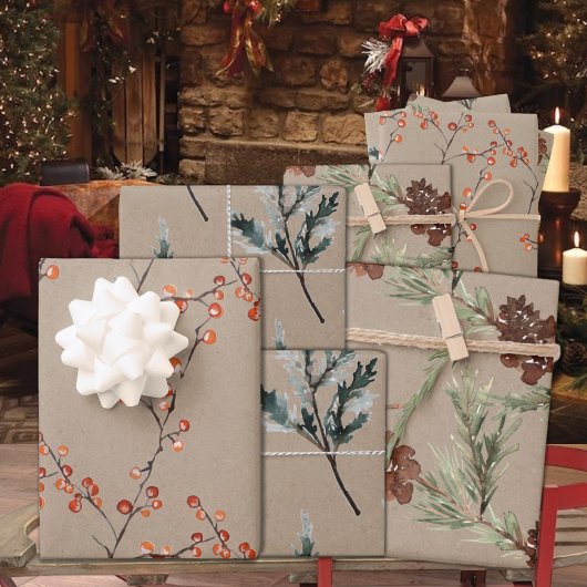 Rustic Kraft Juniper Pine Cones Ilex Berries Inpakpapier Vel