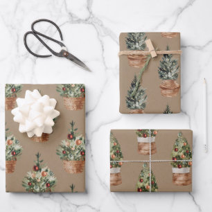 Rustic Kraft-kerstbomen in een mand Inpakpapier Vel