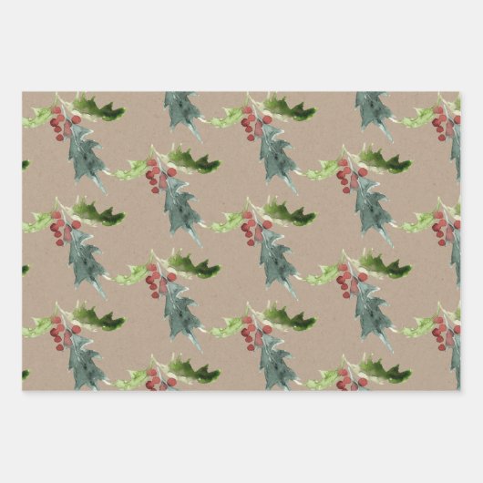 Rustic Kraft kerstFloral Holly Red Berries Inpakpapier Vel (Voorkant)