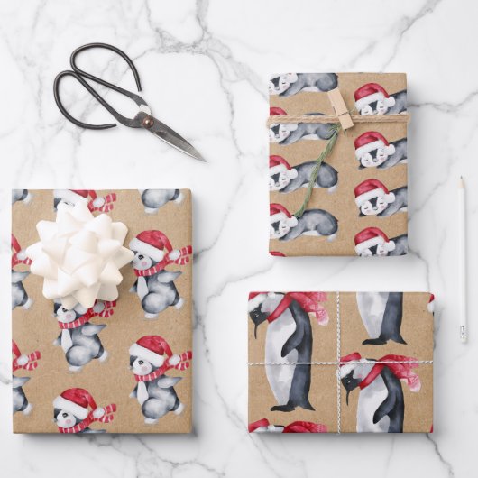 Rustic Kraft-kerstpinguïns Inpakpapier Vel (Voorkant)