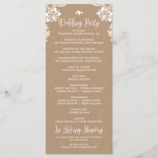 Rustic Kraft Lace Mariage programme de cérémonie (Dos)