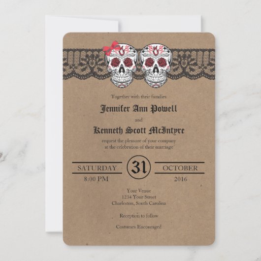 Rustic Kraft & LaceSugar Skull Wedding Invitations Kaart (Voorkant)