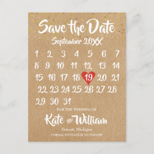 Rustic Kraft Love Heart Calendar Save the Date Aankondigingskaart