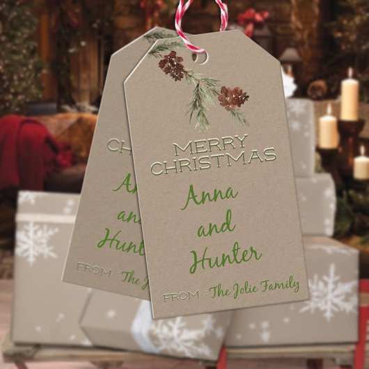 Rustic Kraft Merry kerstpine komt op kantoor Cadeaulabel