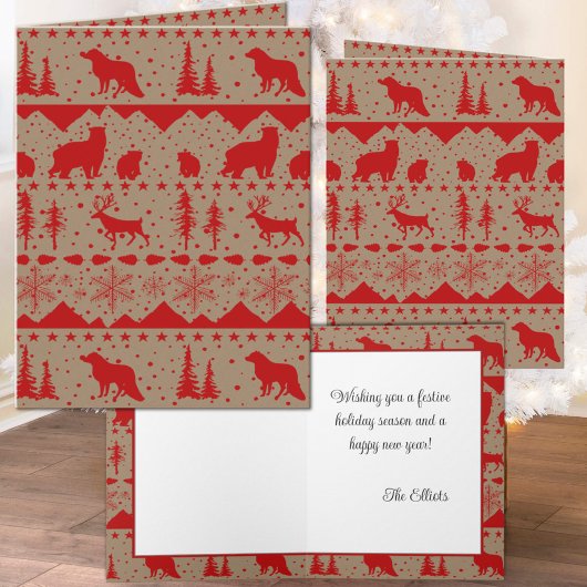 Rustic Kraft Nordic Sweater Red Winter Animals Feestdagen Kaart