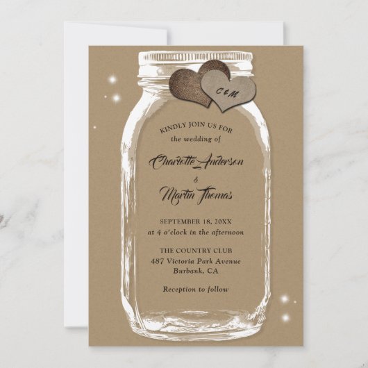 Rustic Kraft Paper Burlap Hearts Mason Jar Wedding Kaart (Voorkant)
