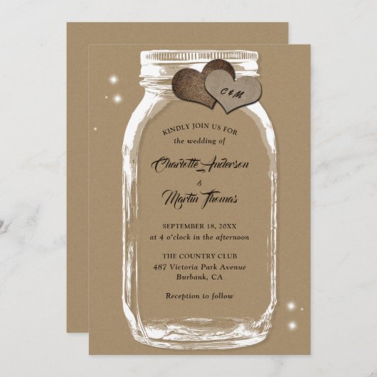 Rustic Kraft Paper Burlap Hearts Mason Jar Wedding Kaart (Voorkant / Achterkant)