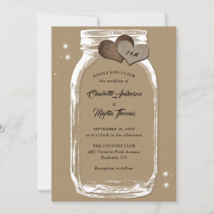 Rustic Kraft Paper Burlap Hearts Mason Jar Wedding Kaart