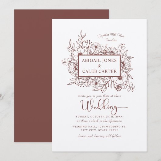 Rustic Kraft Paper Floral Sketch Wedding Invitatio Kaart (Voorkant / Achterkant)