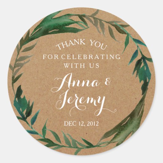 Rustic Kraft Paper Green Wreath Wedding Sticker (Voorkant)