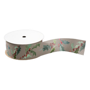 Rustic Kraft Paper Holly Struik Leaf & Berries Grosgrain Lint