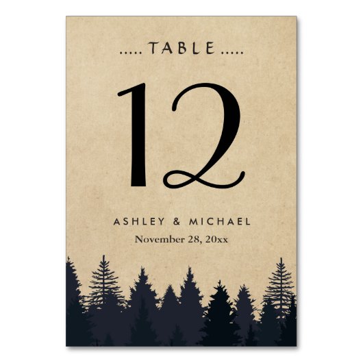 Rustic Kraft Pine Tree Forest Wedding Table Number Kaart (Voorkant)