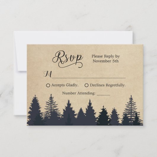 Rustic Kraft Pine Trees Winter Wedding RSVP Kaartje (Voorkant)
