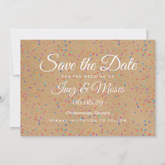 Rustic Kraft Rainbow Confetti Save the Date Kaart (Voorkant)