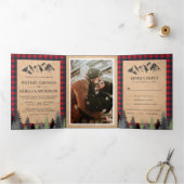 Rustic Kraft Red Buffalo Pset Mountain Wedding Drieluik Uitnodiging (Binnen)