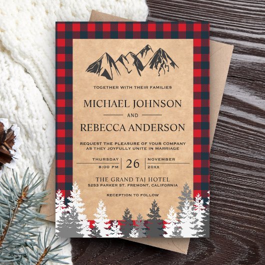 Rustic Kraft Red Buffalo Pset Mountain Wedding Kaart