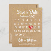 Rustic Kraft Red Heart Calendar Bewaar de datum Briefkaart (Voorkant / Achterkant)