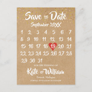 Rustic Kraft Red Heart Calendar Save the Date Aankondigingskaart
