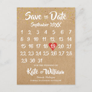 Rustic Kraft Red Heart Calendar Save the Date Briefkaart