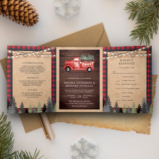 Rustic Kraft Rood kerstfeest bruiloft Drieluik Uitnodiging
