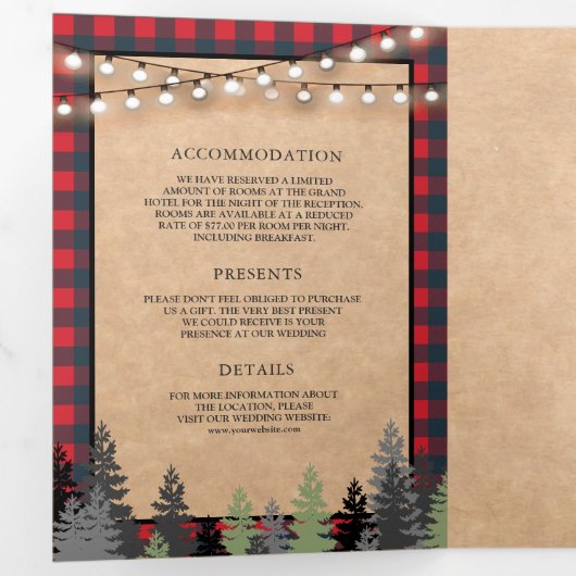 Rustic Kraft Rood kerstfeest bruiloft Drieluik Uitnodiging (Binnenzijde eerst)