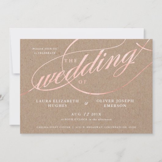 Rustic Kraft & Roos Gold Script Wedding Kaart (Voorkant)