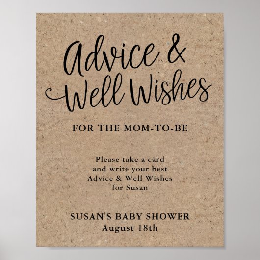 Rustic Kraft Script Baby shower Advice & Wishes Poster (Voorkant)