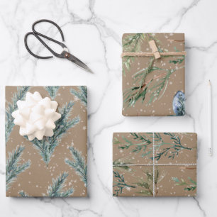 Rustic Kraft Silver Blue Spruce Winter Greenery Inpakpapier Vel